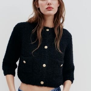 Zara Black Bouclé Women's Knit Cardigan with Gold Accents Size Medium